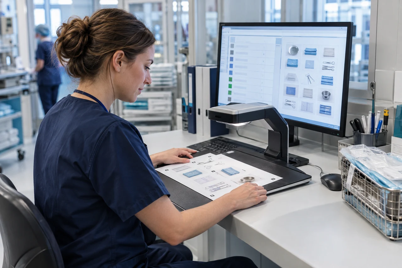 KI-illustrasjon: En operasjonsmal på papir skannes ved siden av en digital materialoversikt.