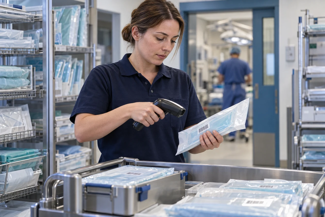 KI-illustrasjon: En logistikkmedarbeider skanner pakket materiell til en prosedyrevogn.